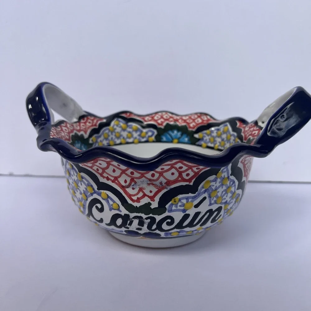 Mexican Talavera Hand Painted Bowl w/ Handles Lead Free Puebla 7